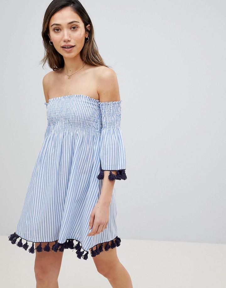 Influence Off Shoulder Stripe Print Beach Dress - Blue