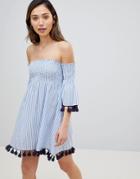 Influence Off Shoulder Stripe Print Beach Dress - Blue