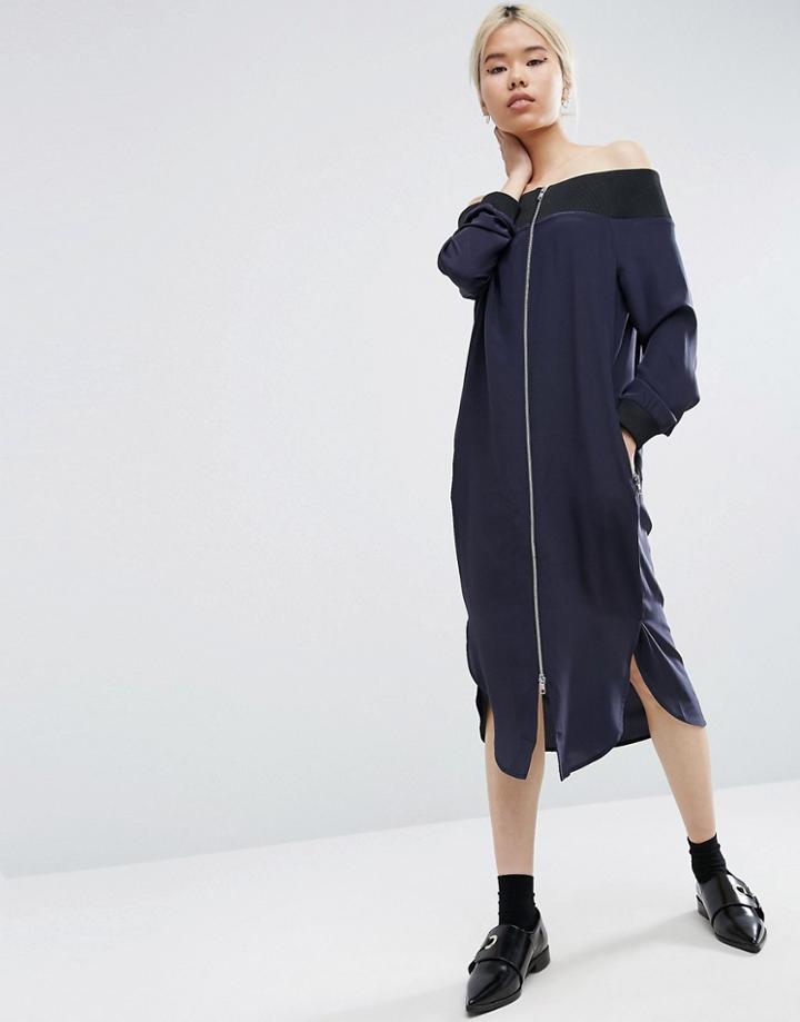 Asos White Off Shoulder Bomber Midi Dress In Silk - Black