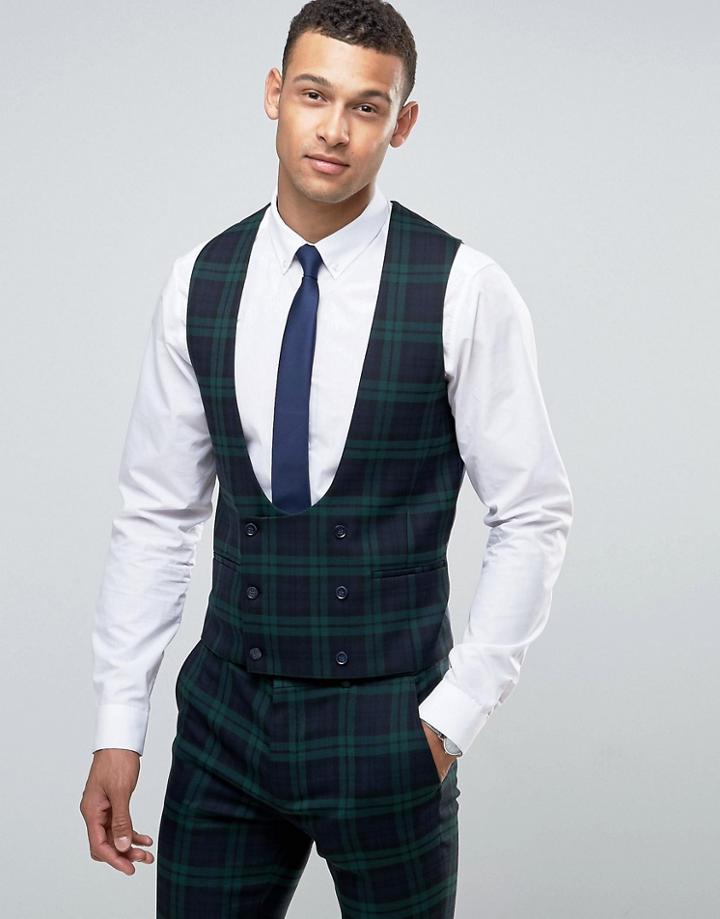 Asos Super Skinny Vest In Large Blackwatch Check - Green