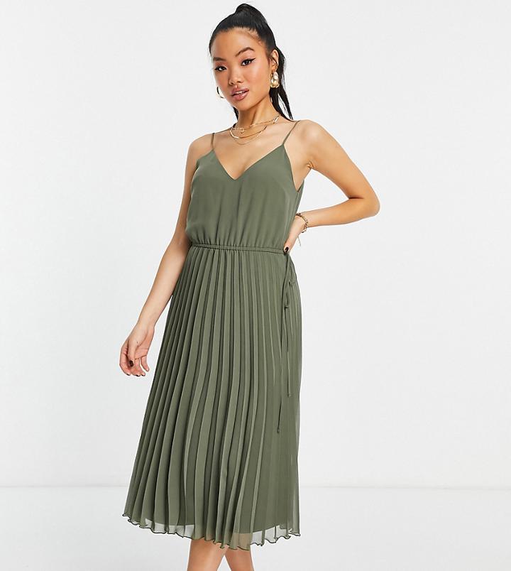 Asos Design Petite Pleated Cami Midi Dress With Drawstring Waist In Khaki-green