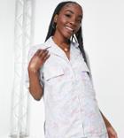 Asos Design Tall Satin Shirt In Blue Floral - Part Of A Set-multi