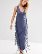 Religion Tank Maxi Dress With Fringing On Sides - Denim
