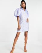 Pieces Premium Textured Puff Sleeve Mini Dress In Ice Blue