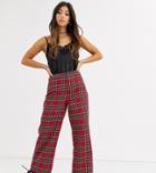 Asos Design Petite Straight Leg Pants In Red Plaid Check
