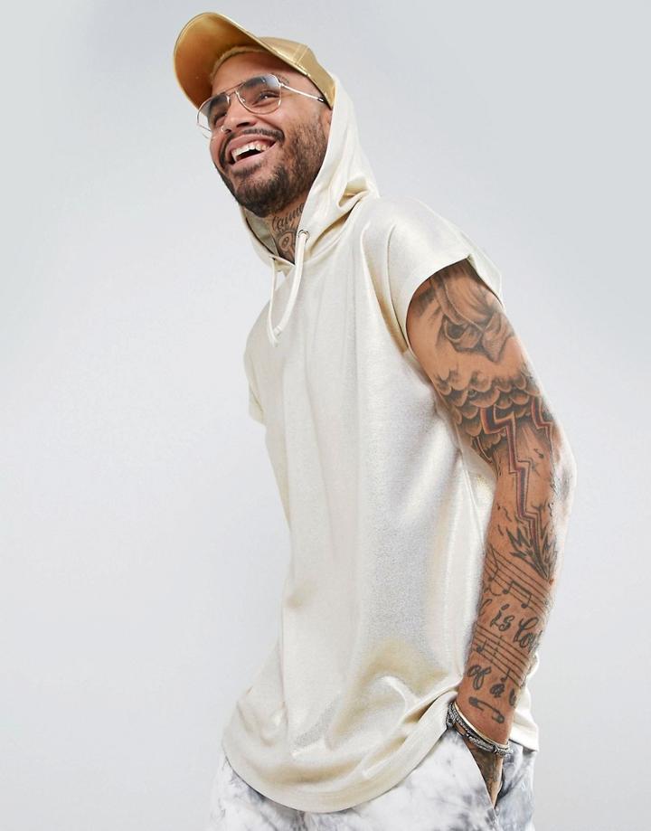 Asos Festival Oversized Hooded Sleeveless T-shirt In Metallic Gold - Gold