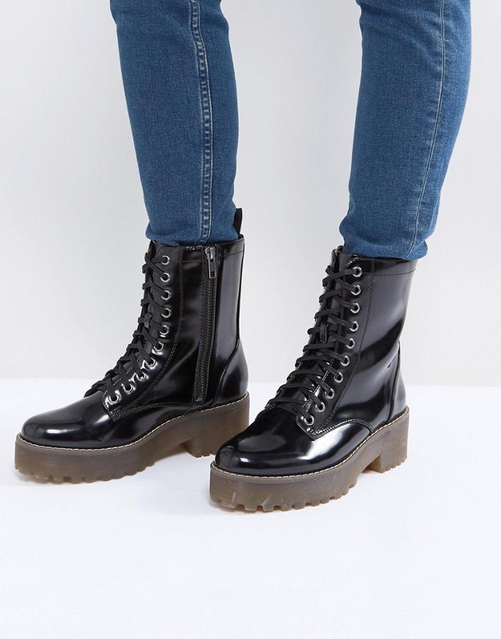 Monki Patent Lace Up Biker Boot - Black