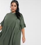 Asos Design Curve Super Oversized Frill Sleeve Smock Dress In Khaki-green