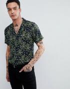 Asos Design Regular Fit Viscose Palm Print Shirt With Revere Collar - Navy