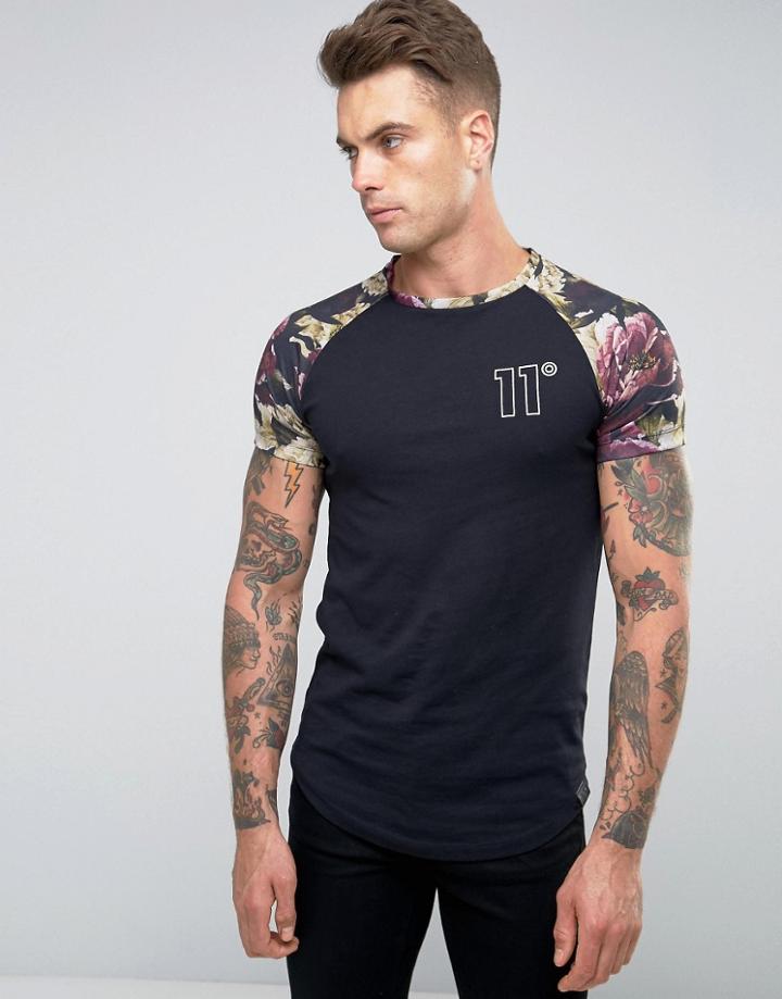 11 Degrees Raglan T-shirt With Floral Print Sleeves - Black