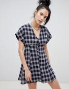 Pull & Bear Button Front Dress In Navy Check - Gray
