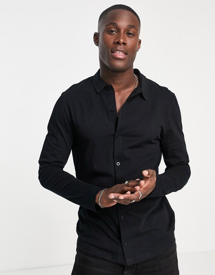 Asos Design Muscle Fit Long Sleeve Jersey Shirt In Black - Black