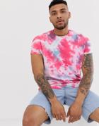 Asos Design Oversized Longline T-shirt With Roll Sleeve In Pink Spot Tie Dye Wash - Pink