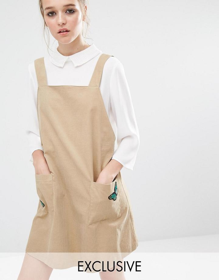 Reclaimed Vintage Pinnafore Dress With Butterfly Patches - Tan