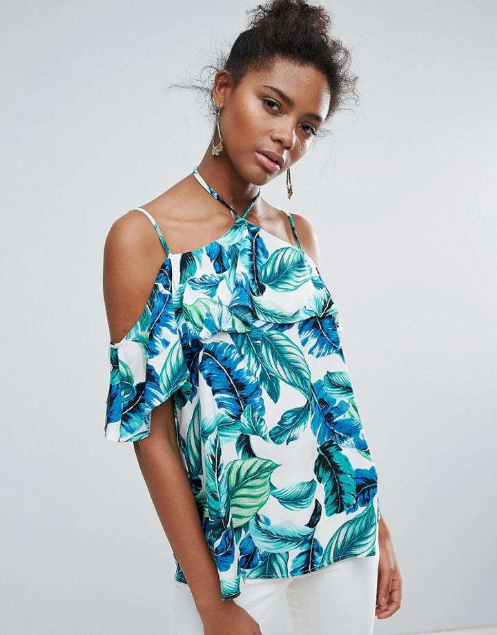 Crescent Tropical Halter Cold Shoulder Top - White