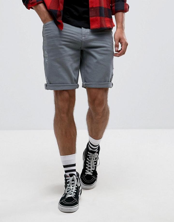 Asos Denim Shorts In Stretch Slim Light Blue With Abrasions - Blue