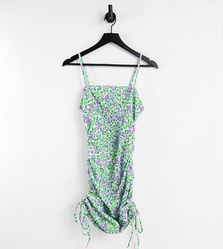 Asos Design Petite Strappy Mini Sundress With Ruched Side In Green And Purple Floral Print-multi
