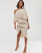 Asos Edition Drape Asymmetric Linen Midi Dress-beige