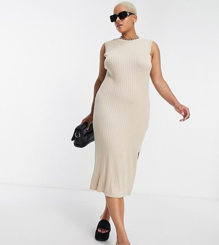 Asos Design Curve Knit Maxi Dress In Wide Rib With Low Back Detail In Oatmeal-neutral