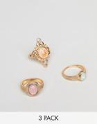 Asos Design Pack Of 3 Rings In Cut Out And Engraved Design With Stones In Gold - Gold
