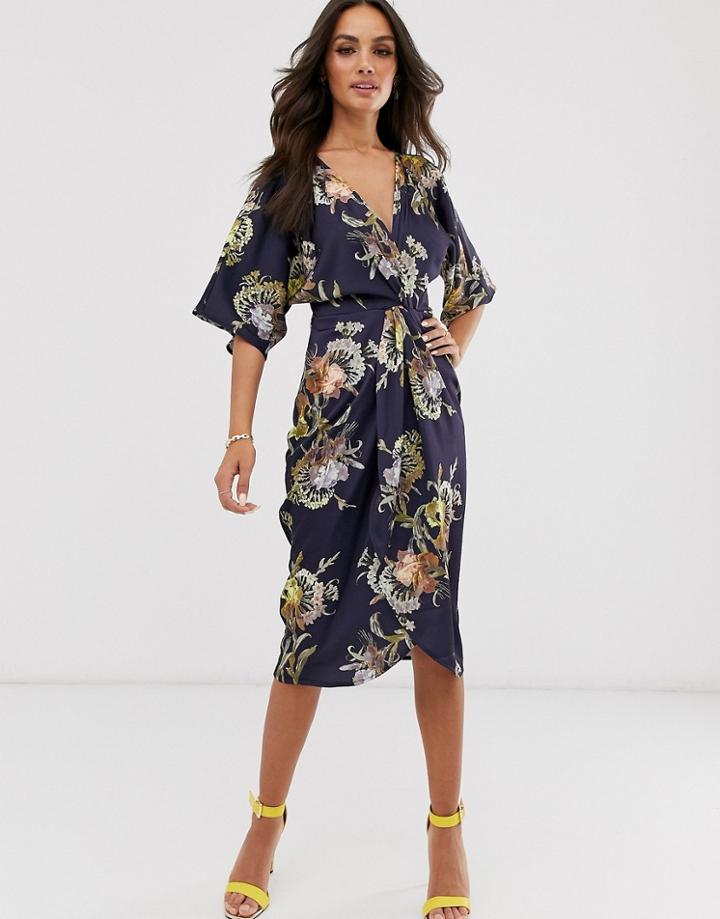 Hope And Ivy Kimono Wrap Midi Dress In Navy Floral - Navy