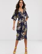 Hope And Ivy Kimono Wrap Midi Dress In Navy Floral - Navy