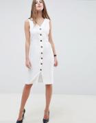 Asos Design V Neck Dress With Faux Tortoiseshell Buttons-white