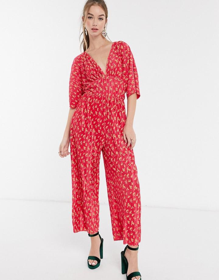 Asos Design Kimono Sleeve Plisse Jumpsuit In Red Floral Print-multi
