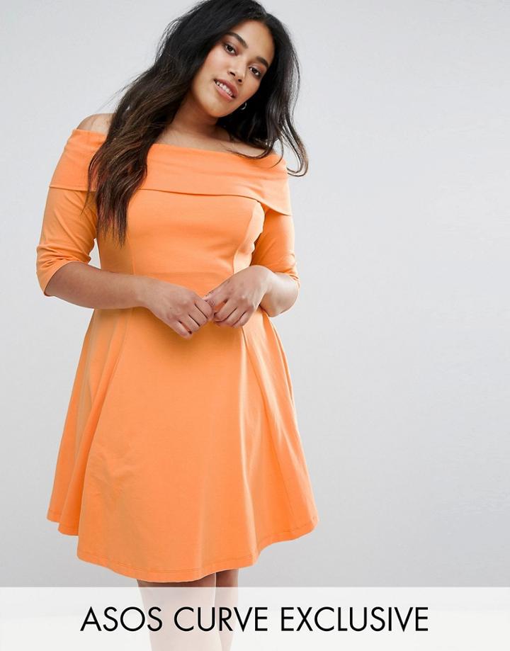 Asos Curve Deep Bardot Mini Skater Dress With 3/4 Length Sleeve - Orange