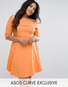 Asos Curve Deep Bardot Mini Skater Dress With 3/4 Length Sleeve - Orange