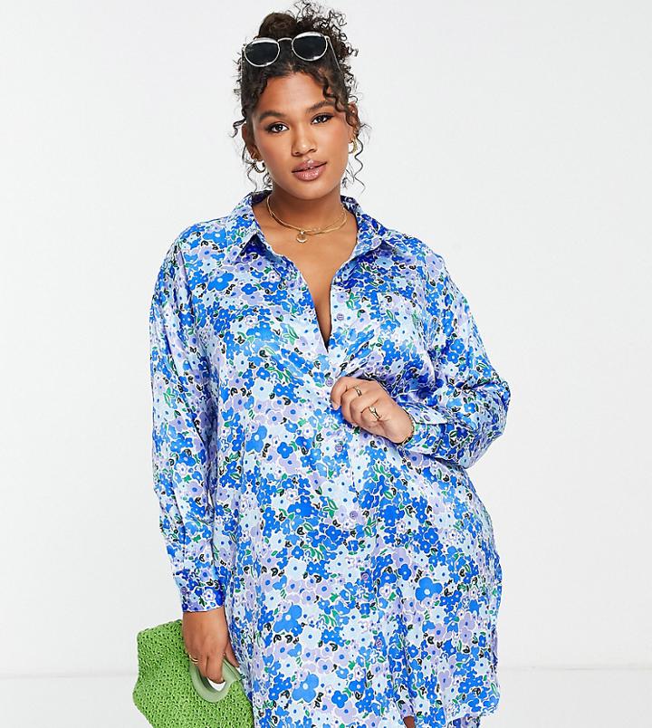Influence Plus Mini Satin Shirt Dress In Blue Floral