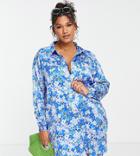 Influence Plus Mini Satin Shirt Dress In Blue Floral
