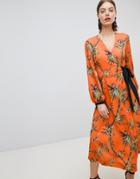 Warehouse Barbican Collection Songbird Print Wrap Dress - Orange