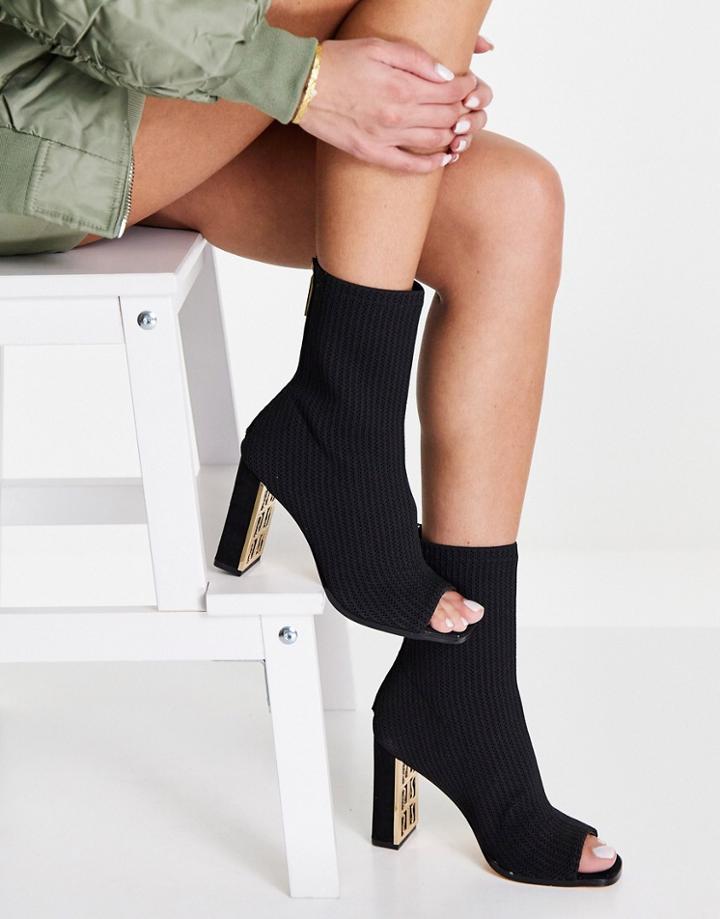 River Island Knit Heeled Peep Toe Boot In Black