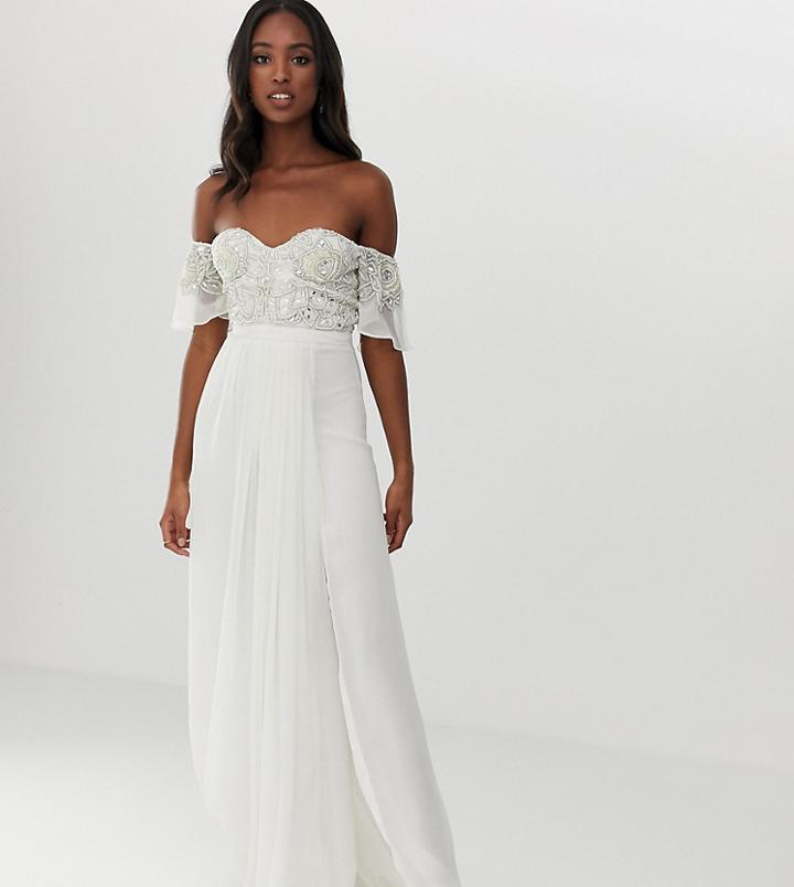 Virgos Lounge Tall Off Shoulder Embellished Top Maxi Dress With Pleated Skirt In Ecru - Beige