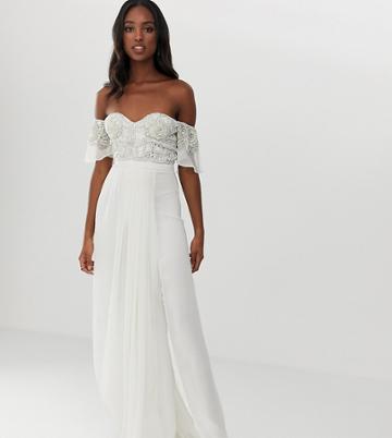 Virgos Lounge Tall Off Shoulder Embellished Top Maxi Dress With Pleated Skirt In Ecru - Beige