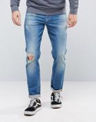 Asos Stretch Slim Jeans With Rips In Tinted Mid Wash - Blue