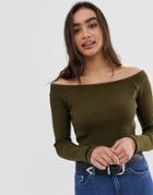 Asos Design Cropped Bardot Sweater - Green
