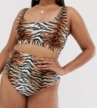 Asos Design Curve Mix And Match High Waist Bikini Bottom In Natural Tiger Print - Multi