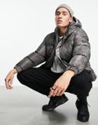 Good For Nothing Boxy Puffer Jacket In Gray Pigment Print-black