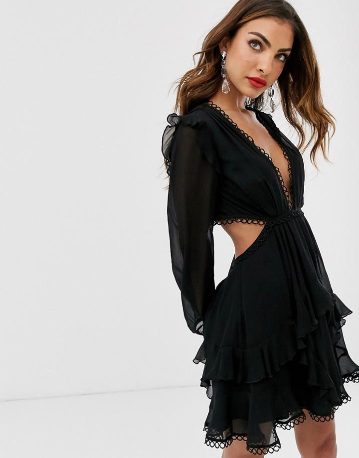 Asos Design Mini Dress With Long Sleeve And Circle Trim-black