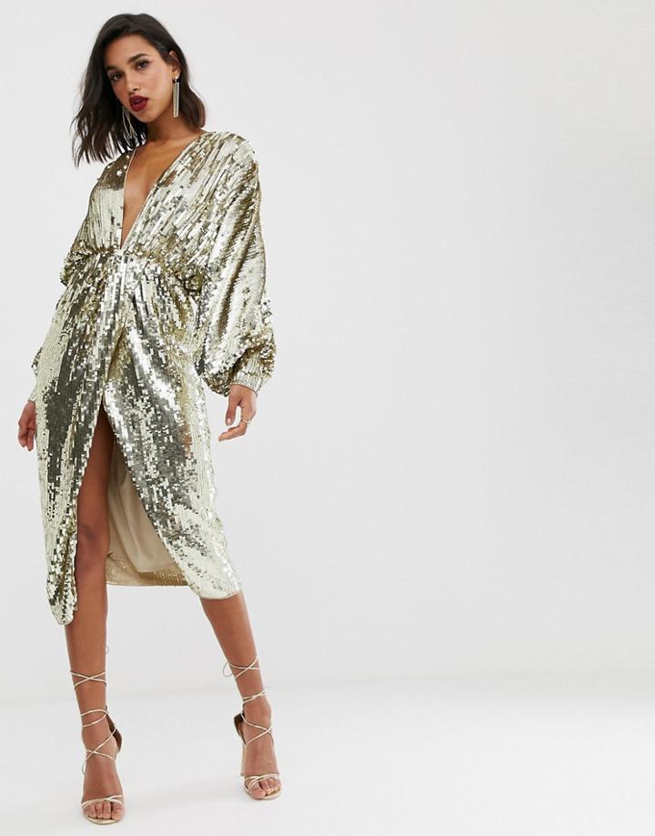 Asos Edition Batwing Midi Dress In Sequin-brown