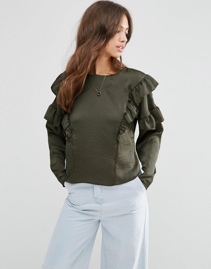 Asos Drop Shoulder Ruffle Detail Satin Top - Green