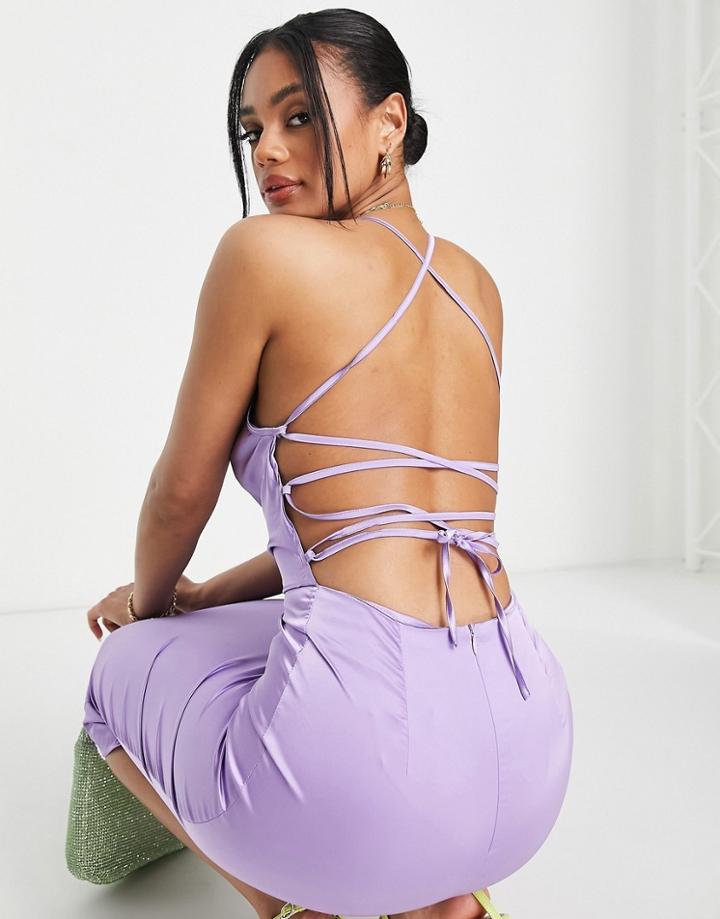 Naanaa Back Detail Cowl Neck Satin Midi Dress In Purple