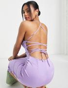 Naanaa Back Detail Cowl Neck Satin Midi Dress In Purple