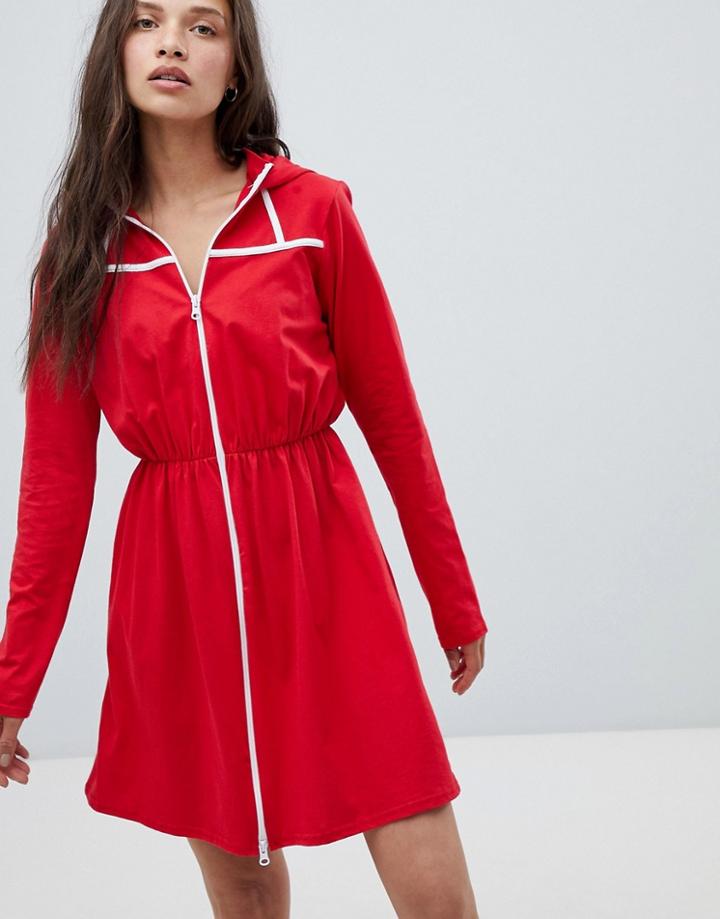 Heartbreak Hooded Sweatshirt Dress With Contrast Piping - Red