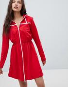 Heartbreak Hooded Sweatshirt Dress With Contrast Piping - Red