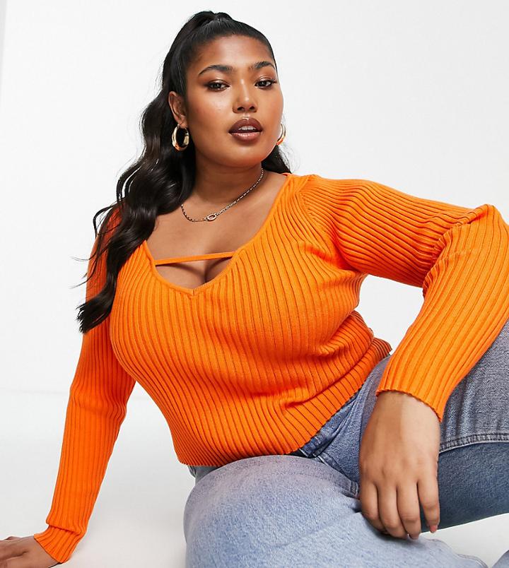 The Frolic Plus V-neck Strap Detail Ribbed Top In Orange