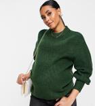 Asos Design Maternity Ribbed Crew Neck Sweater With Fluffy Yarn In Dark Green
