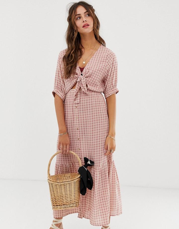 Faithfull Maple Check Midi Dress With Tie Front-multi